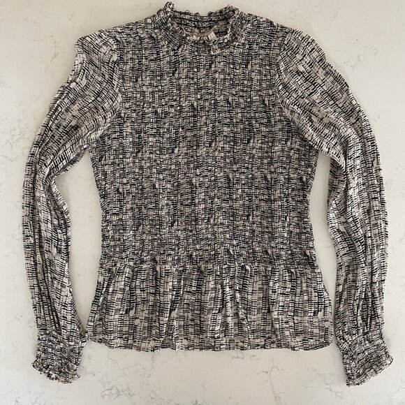 InWear Copenhagen PicalW Abstract Print Smocked LS Viscose Blouse Blk Crm Sz 6 - Picture 2 of 16